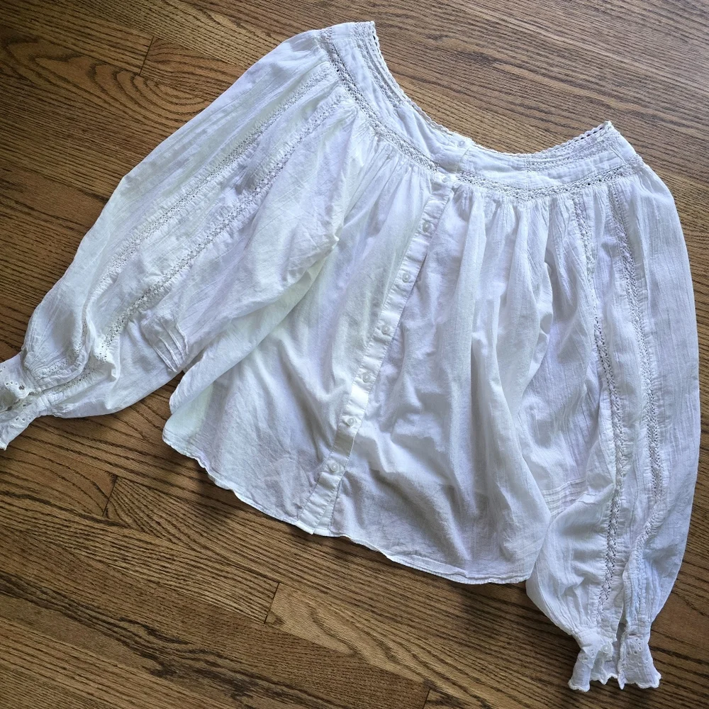 FREE PEOPLE White Cream Cotton Blouse Lace Eyelet Reversible XS